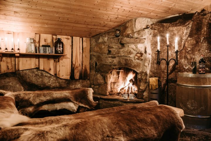 a room with a fireplace