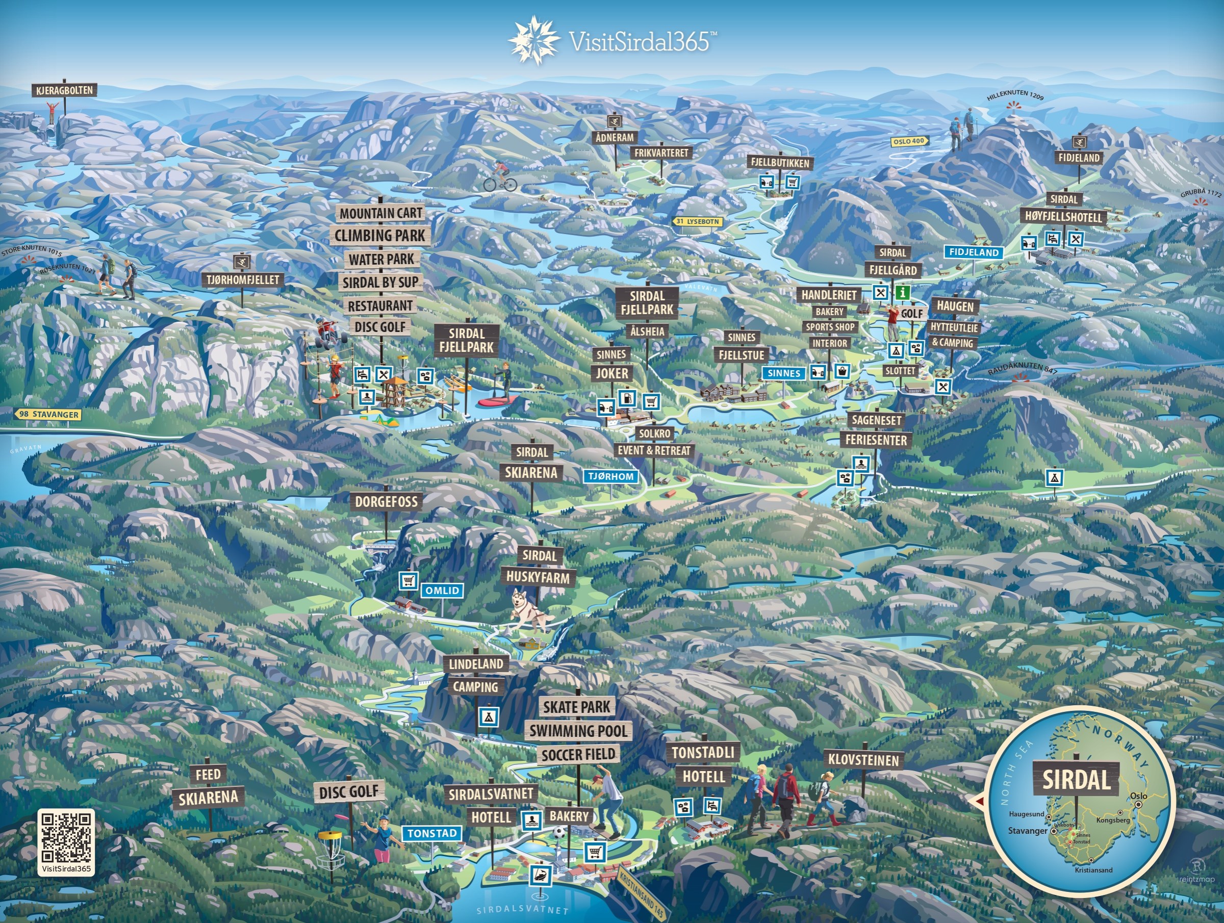 Illustrated map of Sirdal, showcasing mountains, attractions, and recreational areas.