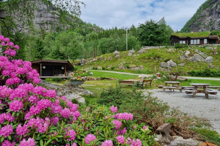 Scenic landscape with pink flowers, picnic tables, wooden cabins, and rocky hills.